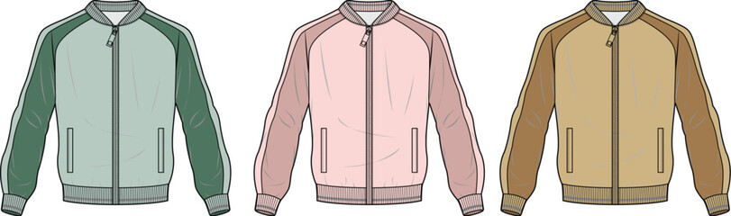 Set of three athletic bomber jackets in different colors mint green, pale pink, and tan