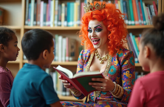 Drag queen in vibrant costume reads story to attentive children. Performer with bright orange hair, makeup entertains kids in library. Joyful event promotes literacy, inclusion, diversity,