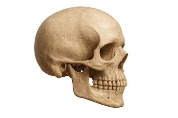 Human skull bone isolated on transparent background, showing side profile anatomy for medical and scientific concepts