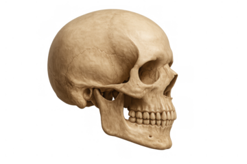 Human skull bone isolated on transparent background, showing side profile anatomy for medical and scientific concepts