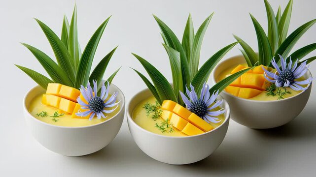 Vibrant bowls of mango dessert adorned with tropical leaves and flowers, showcasing a delightful arrangement, camera pans across the scene to highlight the colorful presentation and textures