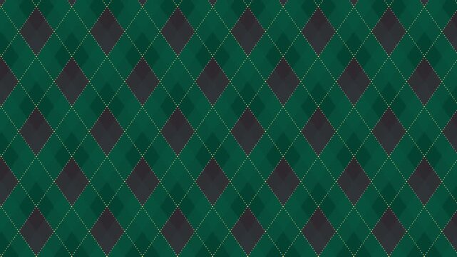 Seamless loop 4K animation of dark red and green argyle pattern with thin golden dotted lines. Festive geometric motion background inspired by cozy Christmas textiles and classic winter fashion
