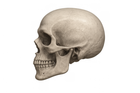 Human skull bone structure illustration, representing anatomy, death, science, medicine, and human body research, on transparent background