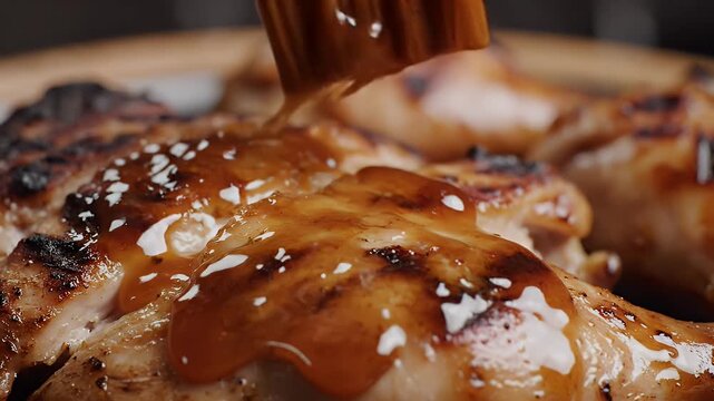 A brush is basting grilled chicken with sweet and tangy sauce