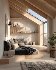 Scandi cozy minimalist dorm room interior, light wood tones,, natural  Modern Minimalist Dorm Interiors Aesthetic and Creative Lifestyle Spaces