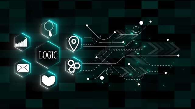 Digital Logic Diagram with Hexagonal Icons and Circuitry Pattern technology