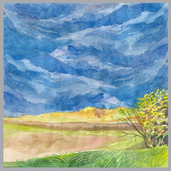 Autumn landscape in the fields blue sky, watercolor