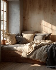 Scandi cozy minimalist dorm room interior, light wood tones,, natural  Modern Minimalist Dorm Interiors Aesthetic and Creative Lifestyle Spaces