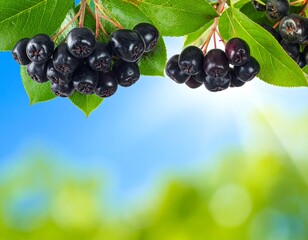 Black chokeberries dangle from branches, leafy green, on a sunny sky and meadow background
