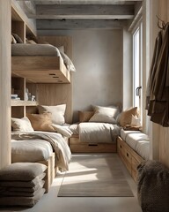 Scandi cozy minimalist dorm room interior, light wood tones,, natural  Modern Minimalist Dorm Interiors Aesthetic and Creative Lifestyle Spaces