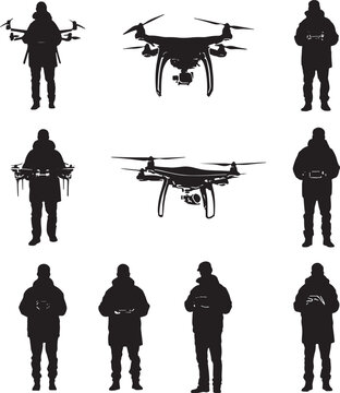 Drones and People Silhouettes Keywords: drone, UAV, quadcopter, person, silhouette, holding