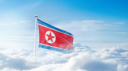 North Korea national flag waving in the sky. Korea national flag for independence day.