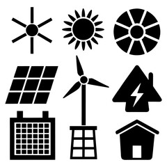 Sustainable Power Icons — Solar Panel, Battery, Wind Turbine, Plug.