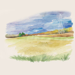 watercolor painting landscape with blue sky