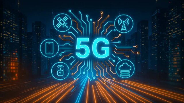 5G network technology concept with digital city background showing wireless communication innovation data transmission speed connectivity and next generation mobile infrastructure