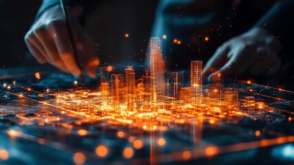 A hand sketches a futuristic holographic city with glowing orange digital lines