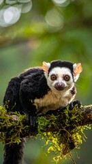 Obraz premium Black and white ruffed lemur sits on a mossy branch, staring directly at the viewer
