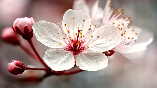 Close-up of a branch with delicate white and pink blossoms and unopened buds