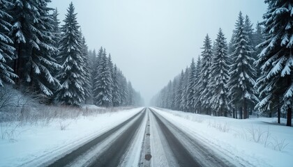 Straight snow-covered road runs through dense forest of evergreen trees. Winter landscape features tall pine trees frosted with white snow. Overcast sky creates calm, cold mood on scenic path through