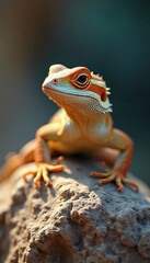 Fototapeta premium Lizard sits on rock. Reptile has orange head. Exotic animal looks around. Lizard portrait for eco article, pet shop, herpetology study or book about fauna and wildlife.