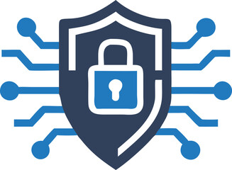 Digital security shield incorporates a vibrant blue padlock, symbolizing data protection in the network