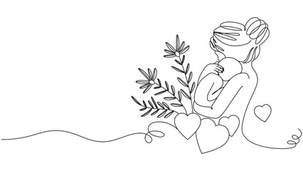 Minimalist line art illustration of mother hugging baby with floral and hearts