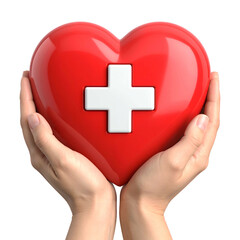 Hands cupping a glossy red heart with a white cross, black background