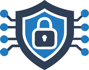 Blue shield displays a central padlock with circuit connections, emphasizing secure technology