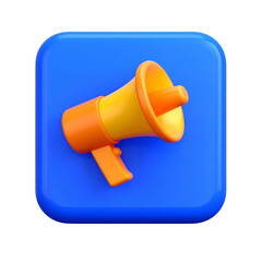 Rendered megaphone icon, orange and yellow on a blue square, black background