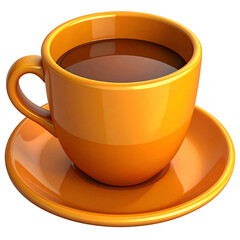 Rendered image of a full orange ceramic cup and saucer, containing brown liquid