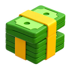 Stacked green currency notes bound with yellow band, isolated on black background