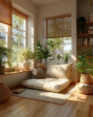 Neutral zen space dorm interior with beige, taupe, and sand tones, clean-lined furniture Modern Minimalist Dorm Interiors Urban and Tech-Modern Living