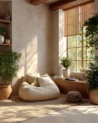 Neutral zen space dorm interior with beige, taupe, and sand tones, clean-lined furniture Modern Minimalist Dorm Interiors Urban and Tech-Modern Living