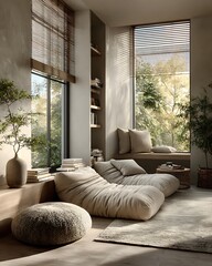 Neutral zen space dorm interior with beige, taupe, and sand tones, clean-lined furniture Modern Minimalist Dorm Interiors Urban and Tech-Modern Living