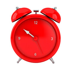 Vivid red alarm clock against black background, showing time