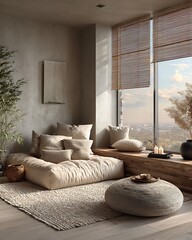 Neutral zen space dorm interior with beige, taupe, and sand tones, clean-lined furniture Modern Minimalist Dorm Interiors Urban and Tech-Modern Living