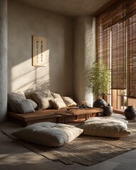 Neutral zen space dorm interior with beige, taupe, and sand tones, clean-lined furniture Modern Minimalist Dorm Interiors Urban and Tech-Modern Living