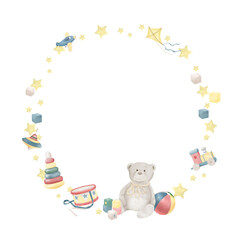 Funny children's card with teddy bear and children's toys. Watercolor digital illustration. Round frame made of ribbons, drum and cubes, isolated on white background. Children's party theme, birthday