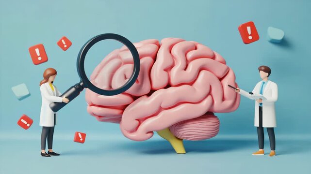 3D Medical Scene of Doctors Examining Human Brain with Magnifying Glass. Concept for Neurology, Mental Health, Diagnosis, and Scientific Research on a Blue Background.