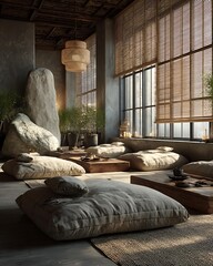 Neutral zen space dorm interior with beige, taupe, and sand tones, clean-lined furniture Modern Minimalist Dorm Interiors Urban and Tech-Modern Living