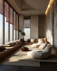 Neutral zen space dorm interior with beige, taupe, and sand tones, clean-lined furniture Modern Minimalist Dorm Interiors Urban and Tech-Modern Living