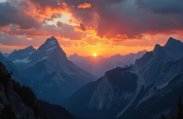 Obraz premium Majestic mountains at sunset with fiery orange, blue sky. Rugged peaks form dramatic natural landscape. Sun rays pierce through clouds over serene range. This scenic view fits travel, nature themes.