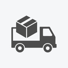 Dark gray truck icon is carrying a box, signifying delivery or transportation