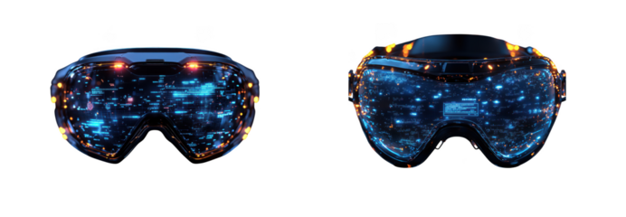 Pair of futuristic virtual reality headset, glowing with blue digital light, isolated on transparent background