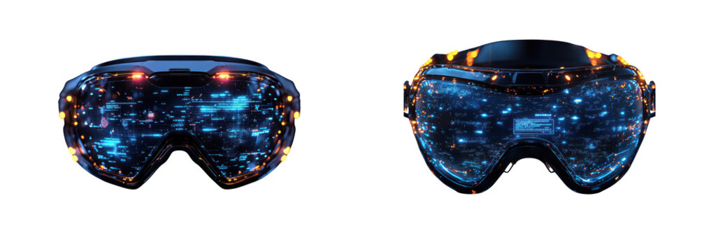 Pair of futuristic virtual reality headset, glowing with blue digital light, isolated on transparent background