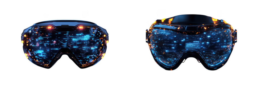 Pair of futuristic virtual reality headset, glowing with blue digital light, isolated on transparent background