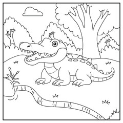 Black and white cartoon crocodile character (vector illustration), coloring book for children.