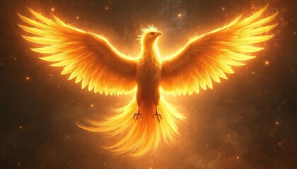 Golden phoenix illustration on dark background. Mythical bird with fiery wings spreads. Rebirth concept art symbolizes hope strength courage. Fantasy design element for various projects.