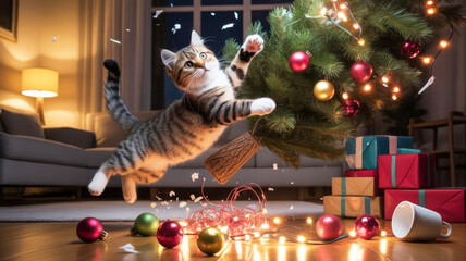 A humorous realistic photograph capturing the
moment a mischievous tabby cat leaps onto a decorated Christmas tree, causing it to topple over in spectacular fashion.