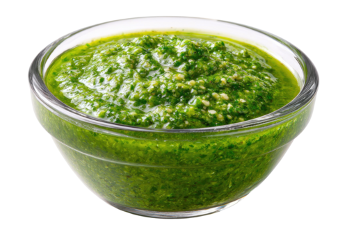Vibrant green pesto sauce in a glass bowl - Powered by Adobe